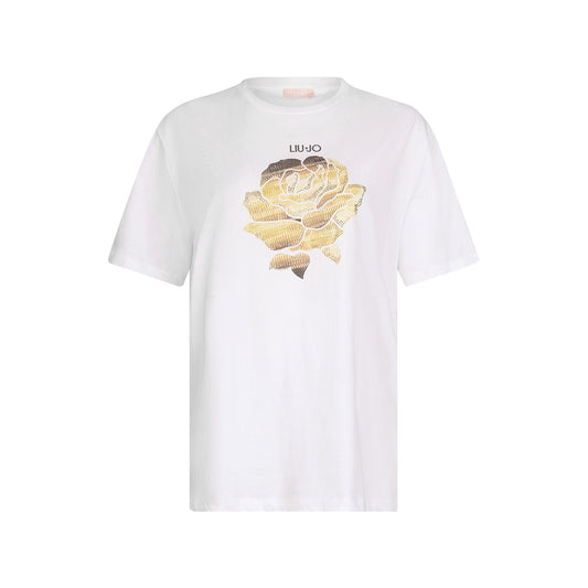 T-shirt Donna con rosa sul petto con strass