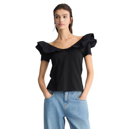 T-shirt Donna con rouches nero modella frontale