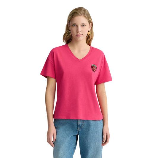 T-shirt fucsia da Donna con fragola modella frontale