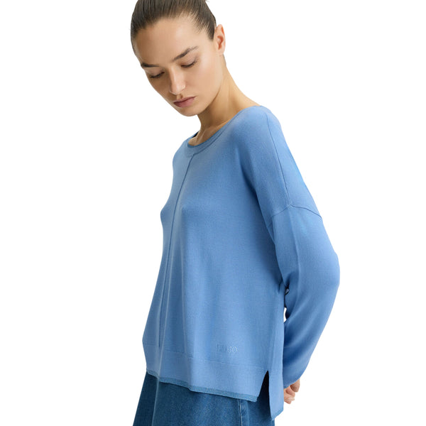 Maglia Donna Blu con interventi in lurex modella laterale 