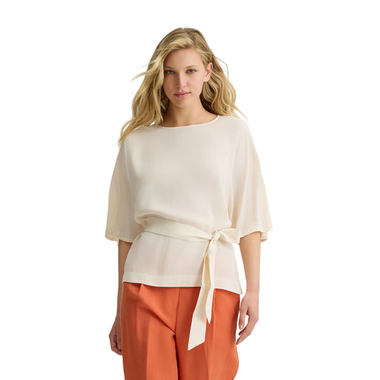 Blusa Donna con cintura in vita Beige modella frontale