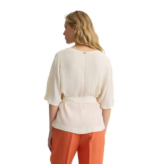 Blusa Donna con cintura in vita Beige modella retro
