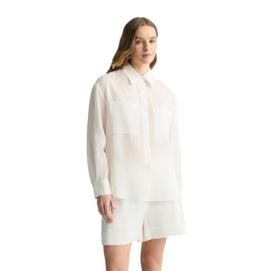 Camicia Donna in tessuto ramiè Bianco modella frontale