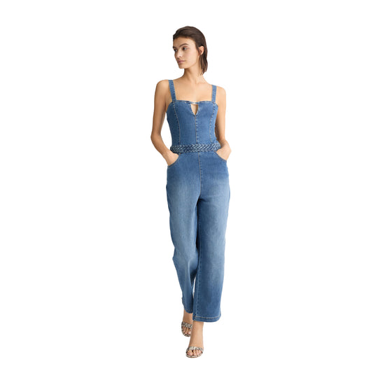 Women's Denim Jumpsuit with Braided Waist Belt - Main Image