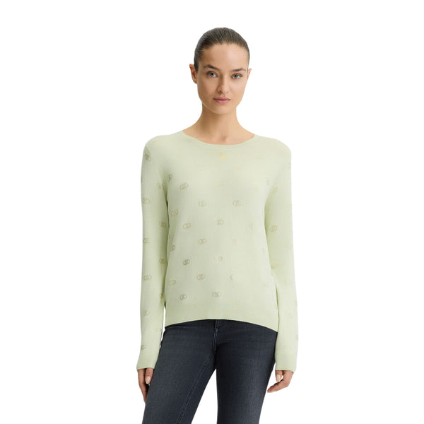 Maglia Donna con scollo tondo e logo strass modella frontale