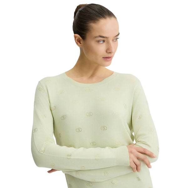 Maglia Donna con scollo tondo e logo strass modella frontale ravvicinata