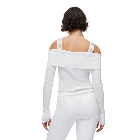 Maglia Donna modello off-shoulders Bianco modella retro