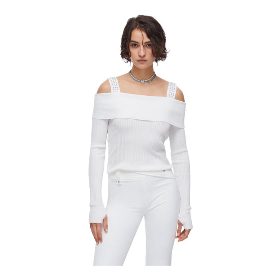 Maglia Donna modello off-shoulders Bianco modella frontale