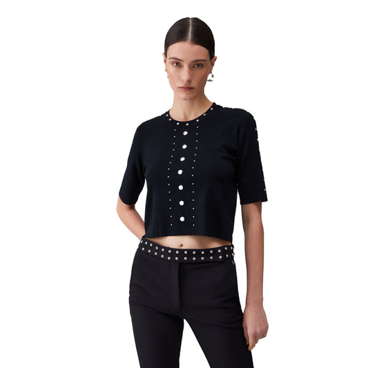 Maglia Donna a manica corta con borchie Nero modella frontale