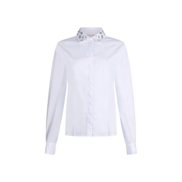 Camicia bianca impreziosita con ricami gioiello sul collo