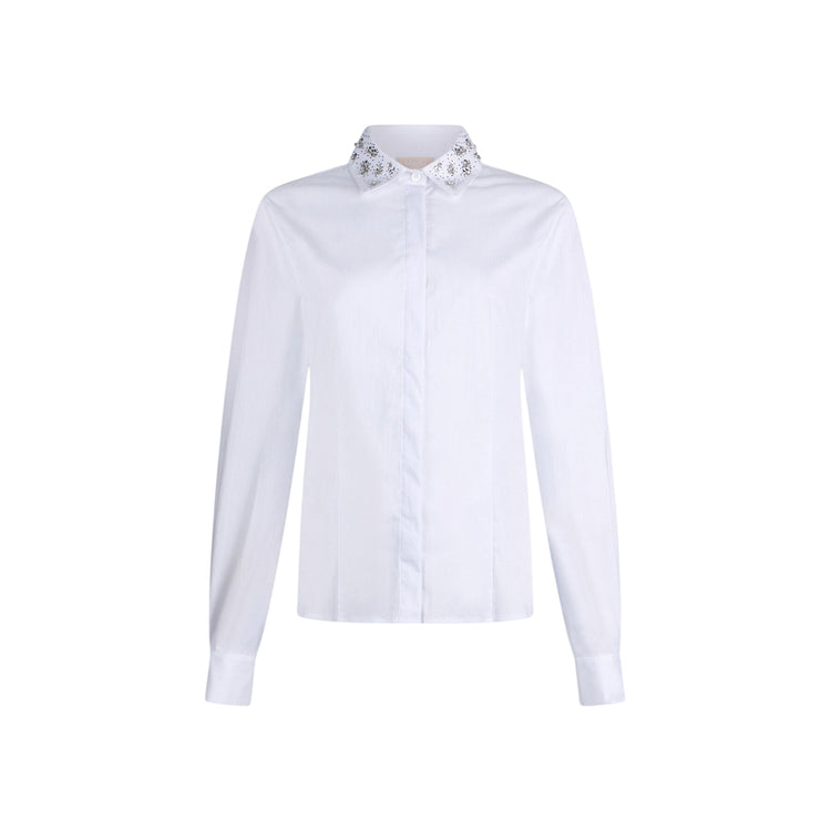 Camicia bianca impreziosita con ricami gioiello sul collo