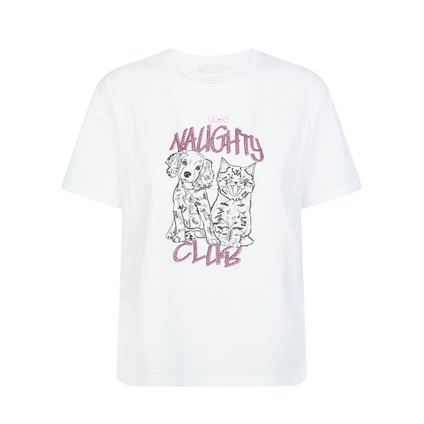 T-shirt bianca con stampa "Naughty club" 100% cotone