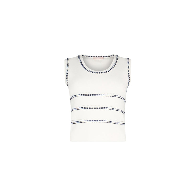 Top bianco in maglia con cuciture blu a contrasto