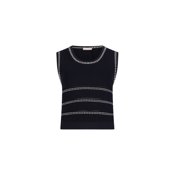 Top blu in maglia con cuciture bianche a contrasto