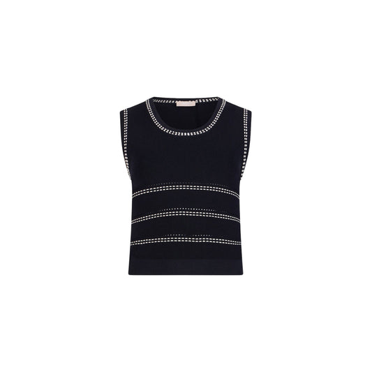 Top blu in maglia con cuciture bianche a contrasto