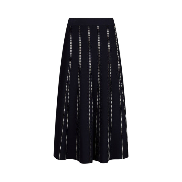 Gonna blu lunga in maglia con cuciture bianche