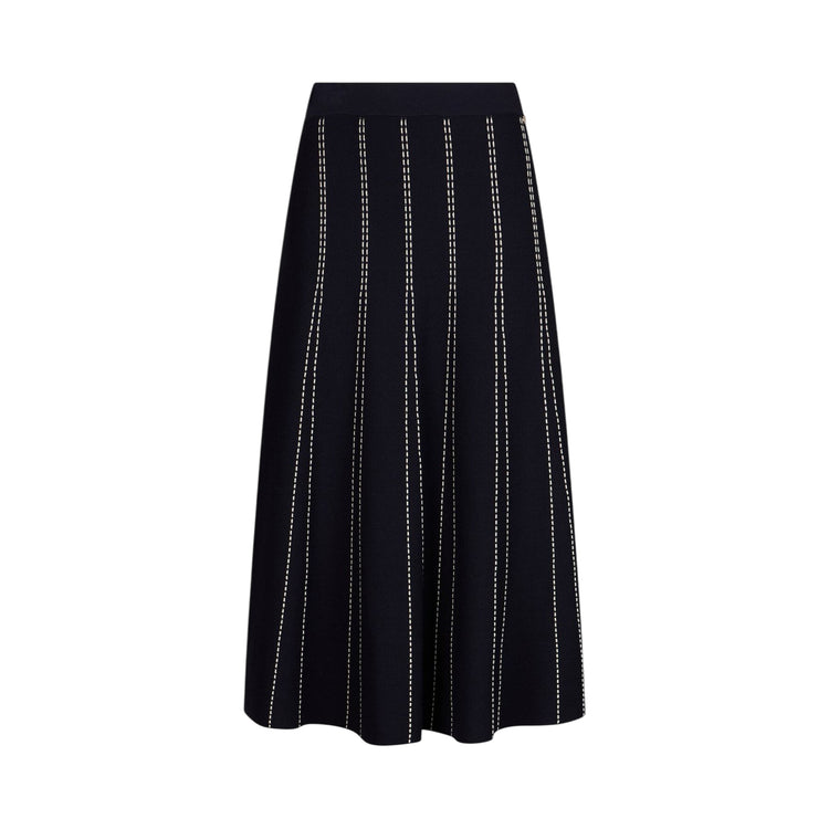 Gonna blu lunga in maglia con cuciture bianche