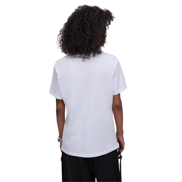 T-shirt in puro cotone con stampa e applicazioni bianca