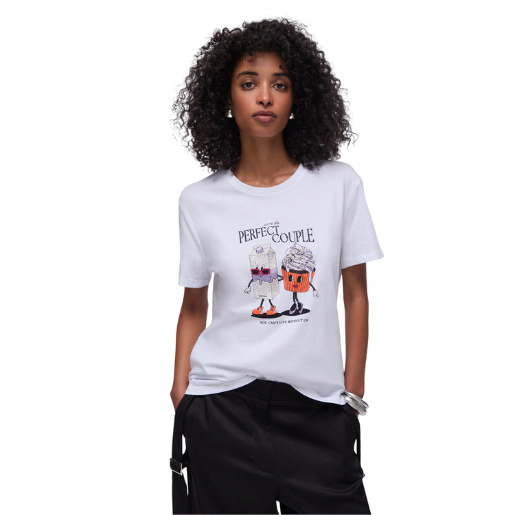 T-shirt di cotone con stampa e applicazioni in bianco