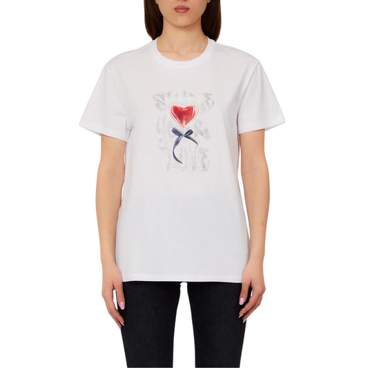 T-shirt bianca con stampa cuore e fiocco
