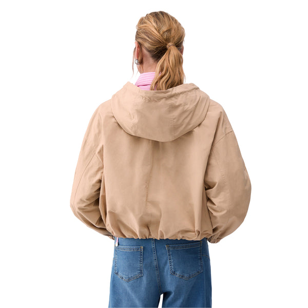 Bomber Donna in nylon con cappuccio Beige modella retro