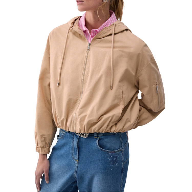 Bomber Donna in nylon con cappuccio Beige modella