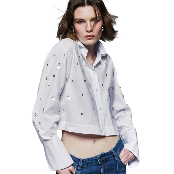 Camicia bianca con paillettes e ricami gioiello