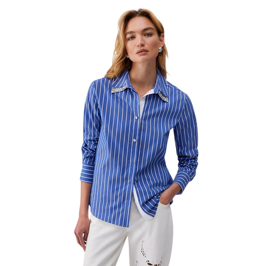 Camicia azzurra a righe bianche con colletto removibile