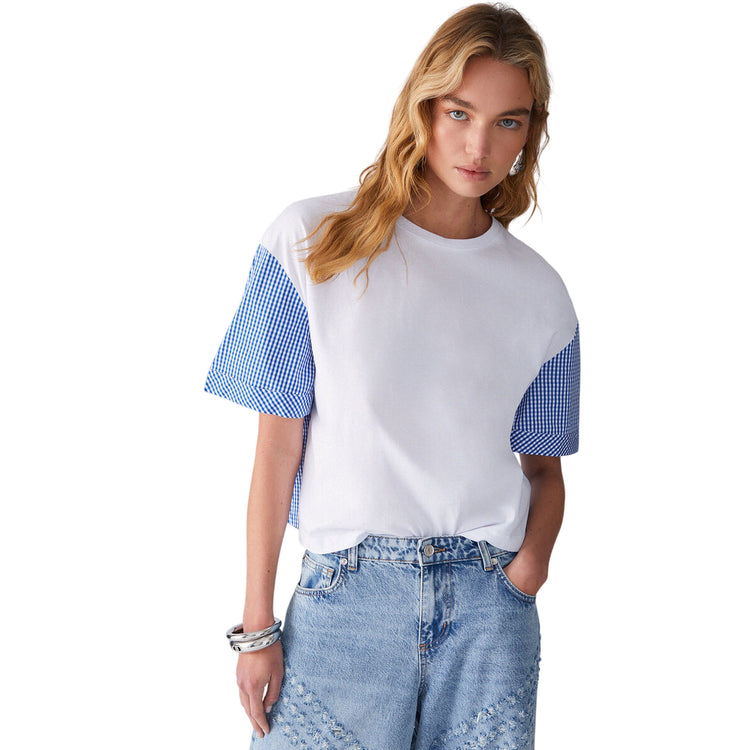 T-shirt Donna con inserti a quadri Blu e girocollo