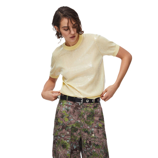 T-shirt gialla con paillettes ricamate