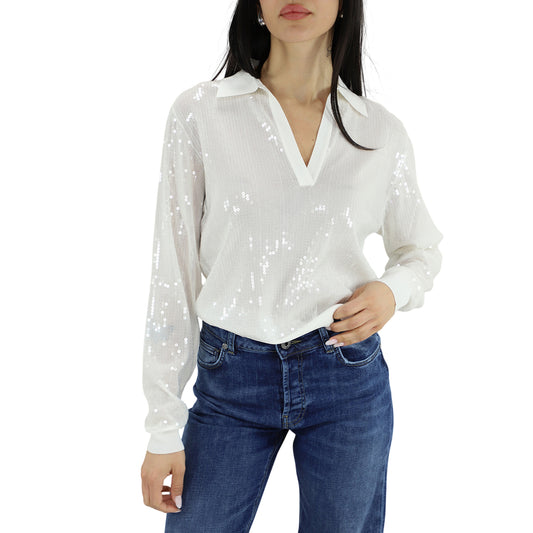 Maglietta bianca con scollo a V con paillettes