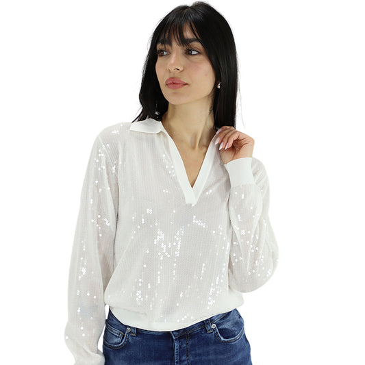 Maglietta bianca con scollo a V con paillettes