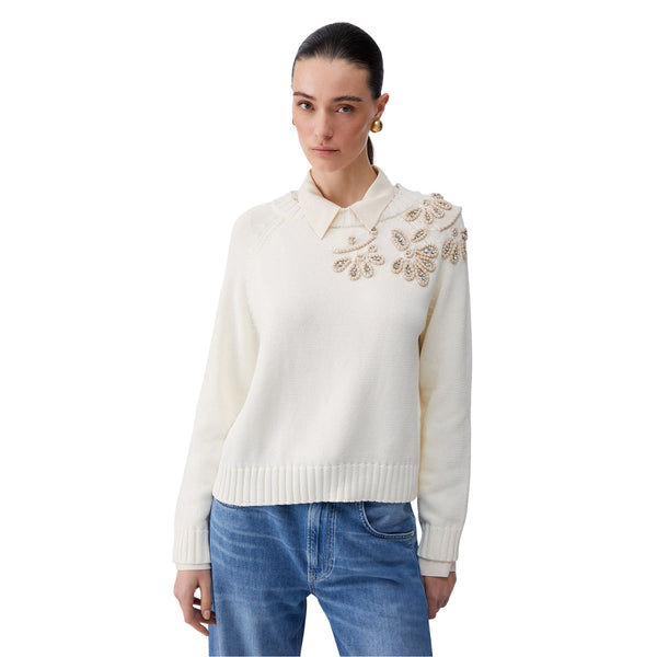 Maglia Donna con ricami gioiello Bianco modella frontale
