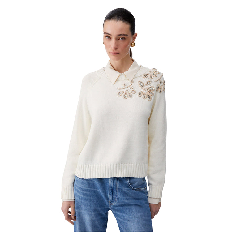 Maglia Donna con ricami gioiello Bianco modella frontale