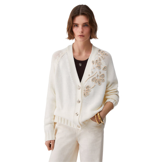 Cardigan Donna bianco con ricami gioiello modella frontale