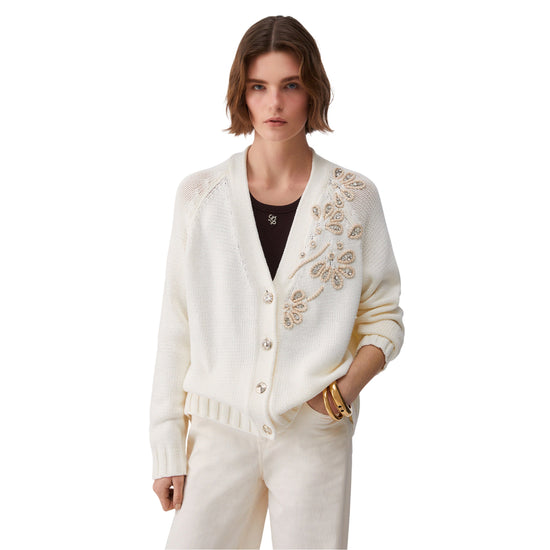 Cardigan Donna bianco con ricami gioiello modella frontale