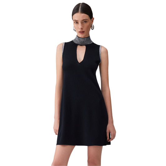 Abito corto Donna in maglia con strass Nero modella frontale