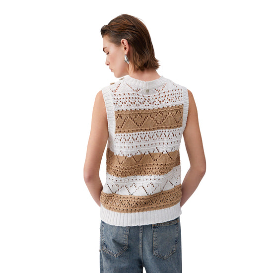 Top in maglia crochet bianco e marrone