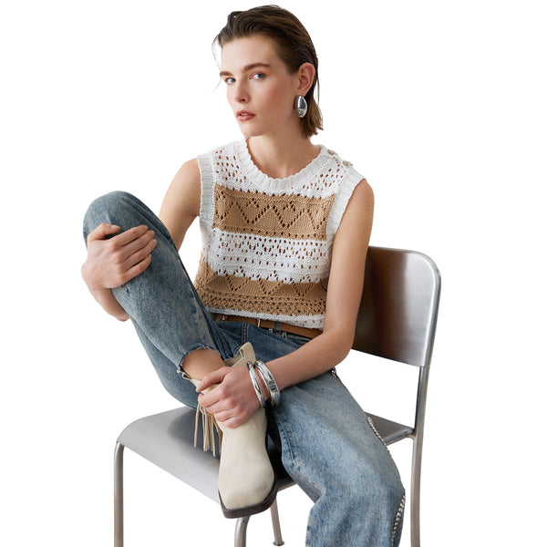 Top in maglia crochet bianco e marrone