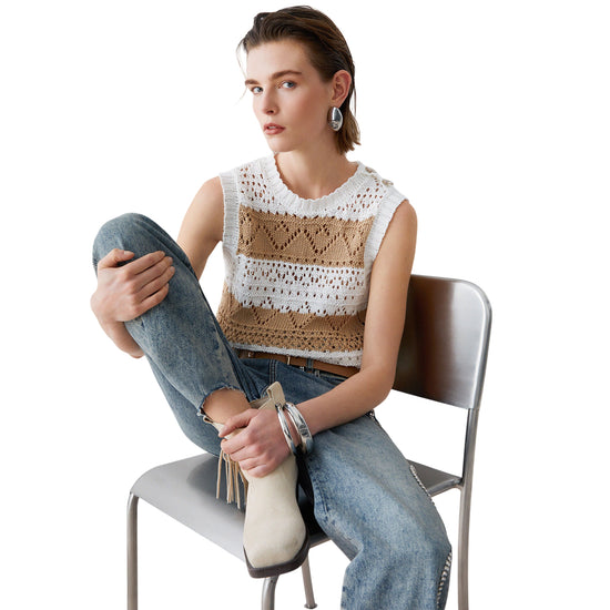 Top in maglia crochet bianco e marrone