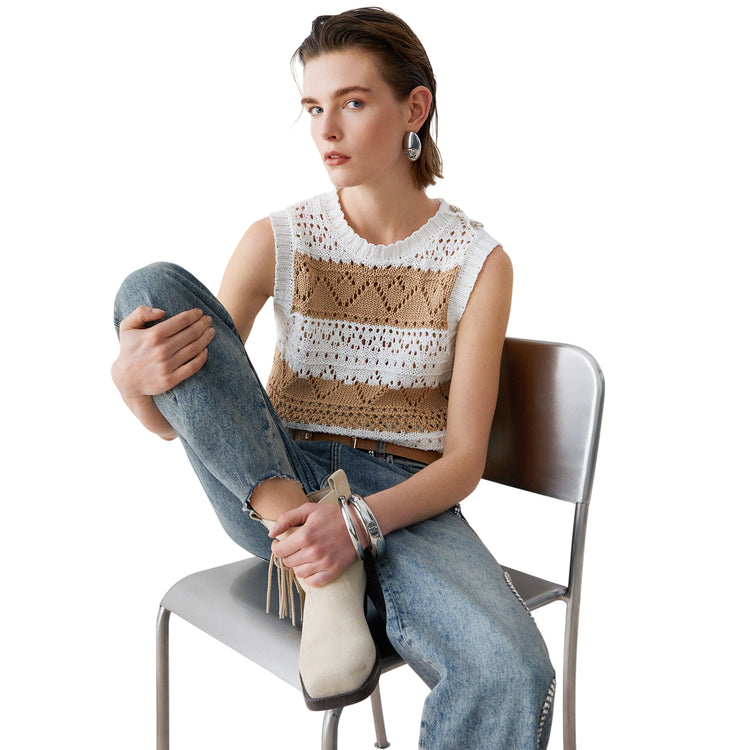 Top in maglia crochet bianco e marrone