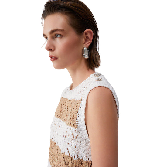 Top in maglia crochet bianco e marrone