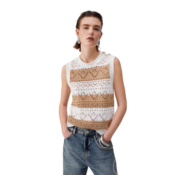 Top in maglia crochet bianco e marrone