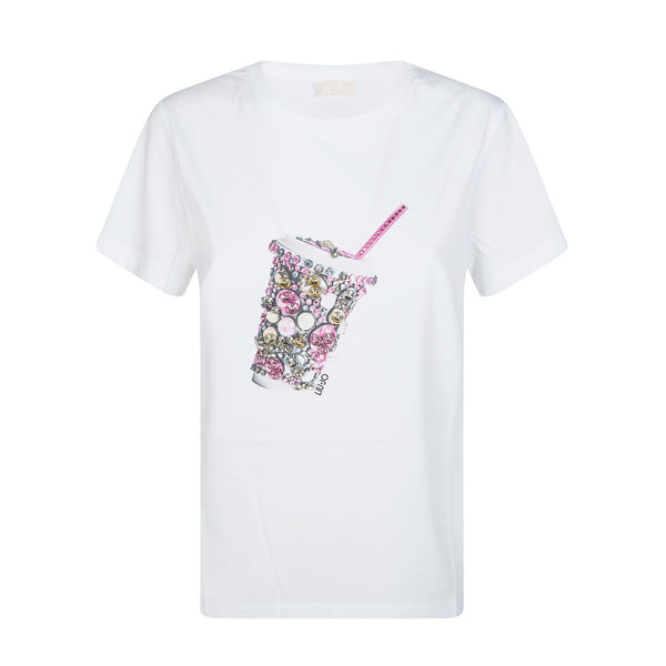 T-shirt bianca con stampa milkshake con cristalli