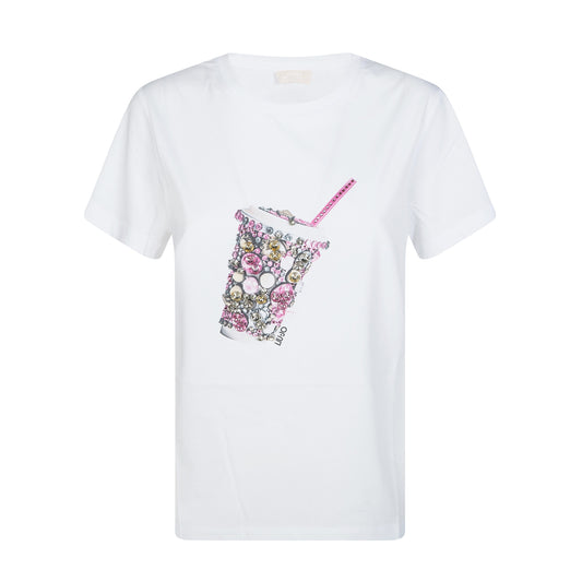 T-shirt bianca con stampa milkshake con cristalli