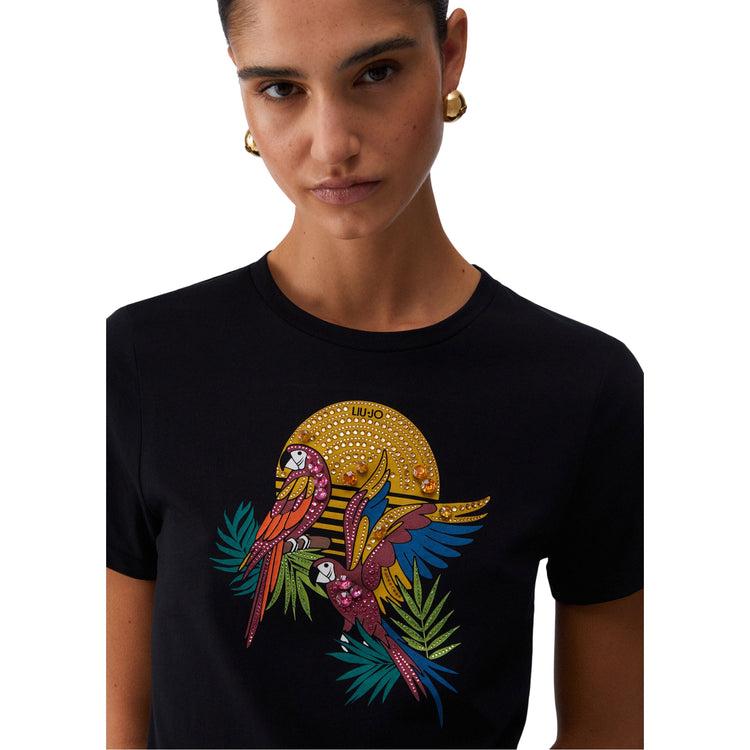 T-shirt Donna in nero con stampa e applicazioni dettaglio ravvicinato