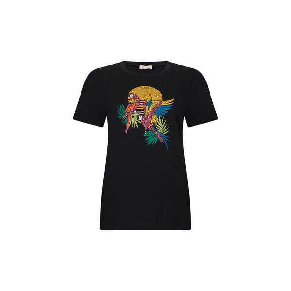 T-shirt Donna in nero con stampa e applicazioni