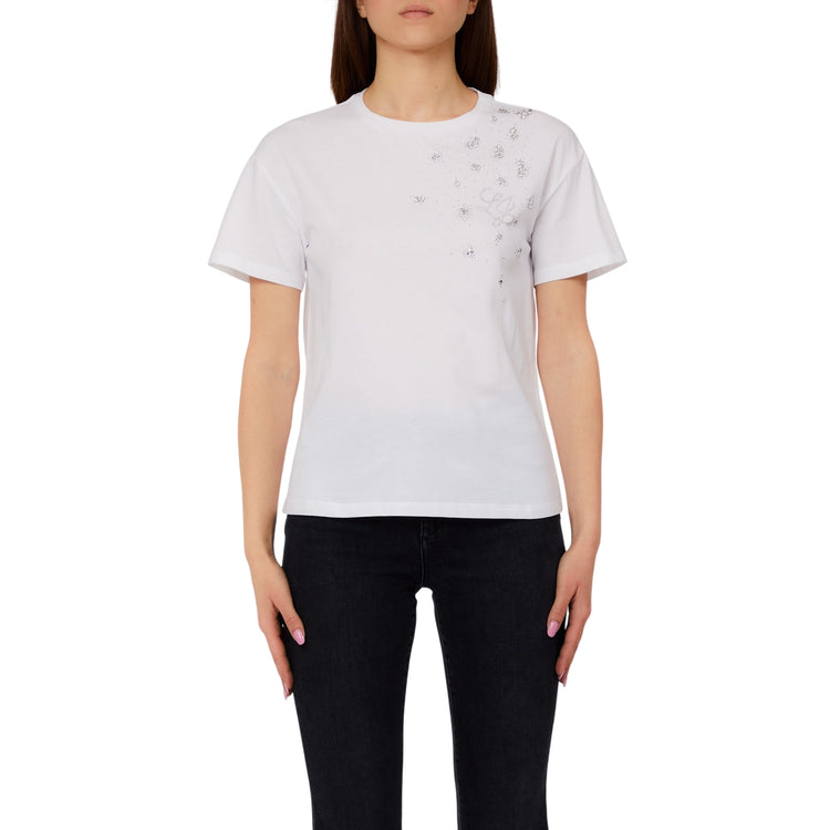 T-shirt bianca da donna con decorazione spalla sinistra