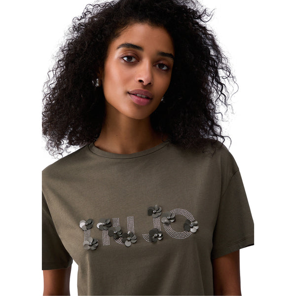 T-shirt con applicazioni gioiello sul logo in verde