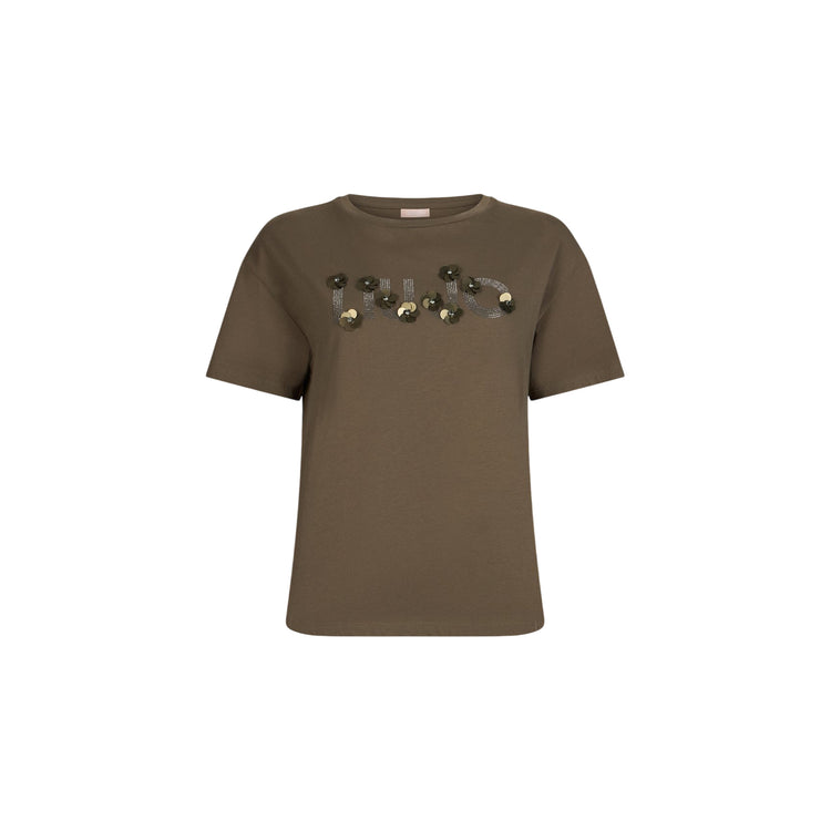T-shirt con applicazioni gioiello sul logo in verde